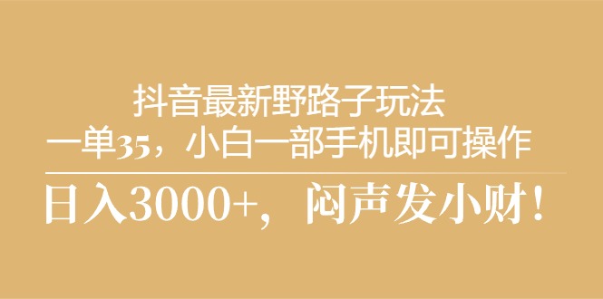 抖音最新野路子玩法，一单35，小白一部手机即可操作，，日入3000+，闷... - 中创网