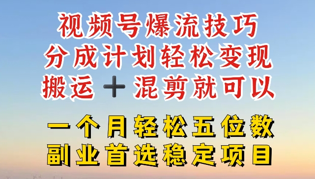 视频号爆流技巧，分成计划轻松变现，搬运 +混剪就可以，一个月轻松五位数稳定项目 - 冒泡网