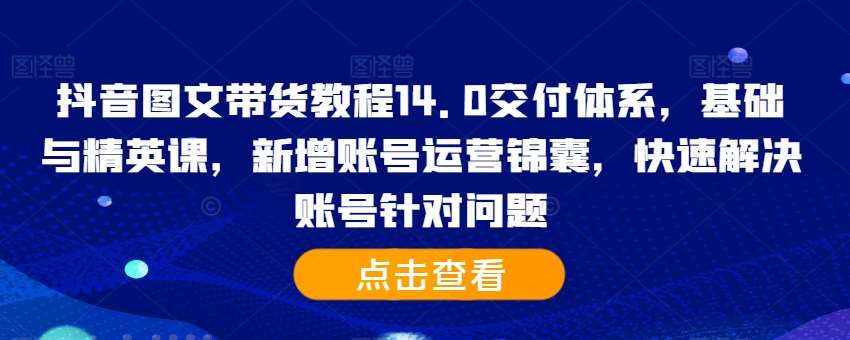 抖音图文带货教程14.0交付体系，基础与精英课，新增账号运营锦囊，快速解决账号针对问题 - 冒泡网