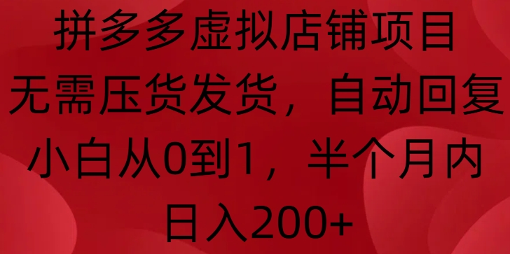 拼多多虚拟店铺项目，无需压货发货，自动回复，小白从0到1，半个月内日入200+ - 冒泡网