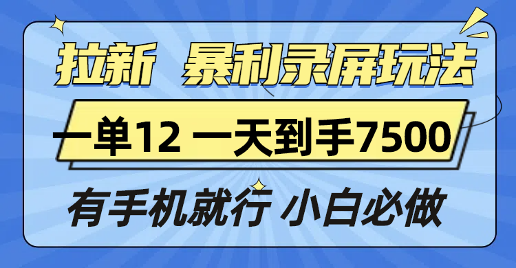 拉新暴利录屏玩法，一单12块，一天到手7500，有手机就行 - 中创网