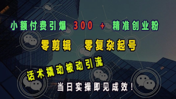 小额付费引爆 300 + 精准创业粉，零剪辑、零复杂起号，话术撬动被动引流，当日实操即见成效 - 冒泡网